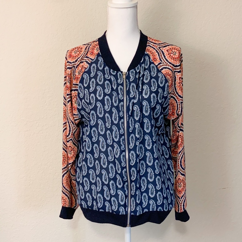 Pink Rose Paisley Zip Up Long Sleeve Blouse Sz L